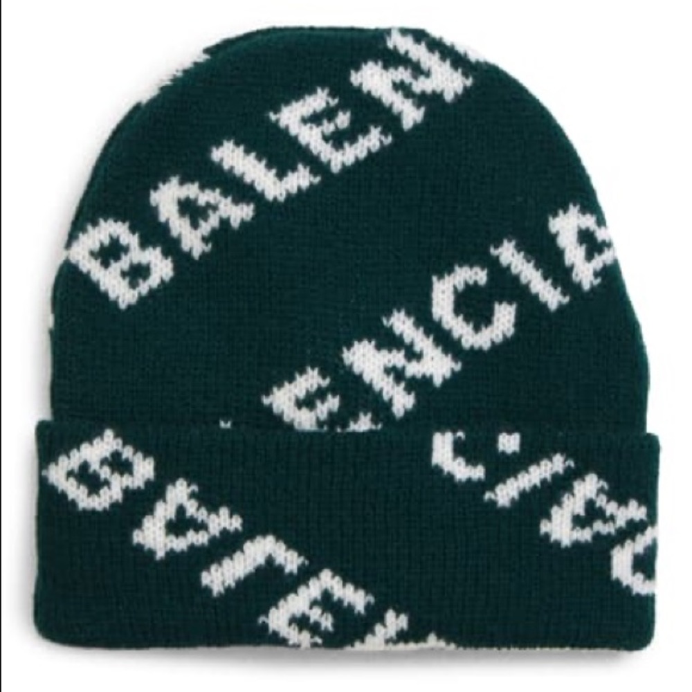 BALENCIAGA Intarsia Logo Wool Beanie Green/ White
